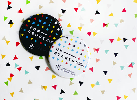 custom buttons upstarts canada, big ideas, custom 2-1/2" round pinback buttons,