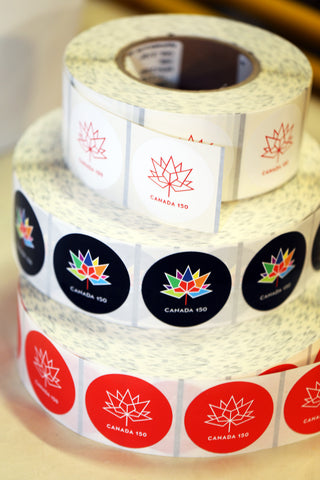 Canada 150 stickers and labels on a roll