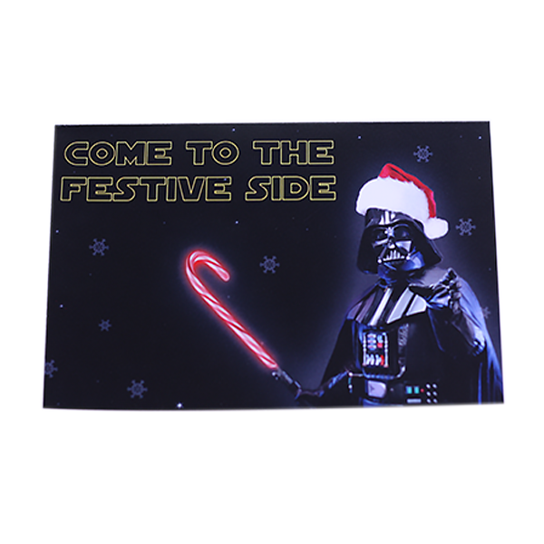 Star Wars parody Christmas Holiday Card 'Come to the festive side' Darth Vader holding Laser Candy Cane
