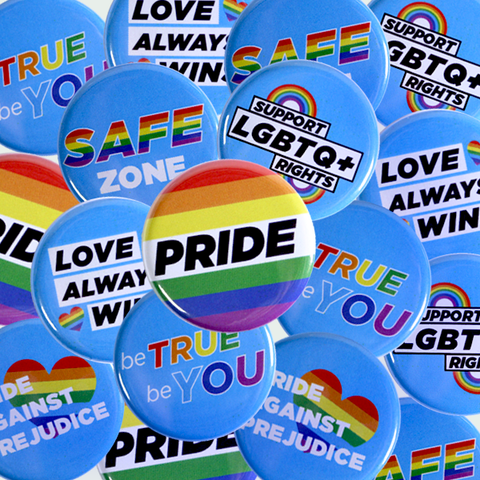 Mix of Pride buttons, Gay Activism Pins and LGBTQ+ Rights Badges