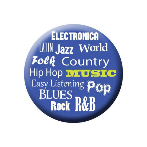 Music Genres, Electronica, Latin, Jazz, World, Hip Hop, Country, Easy Listening, Pop, Blues,  Rock, R&B, Blue, Music Record Store Buttons Collection from People Power Press