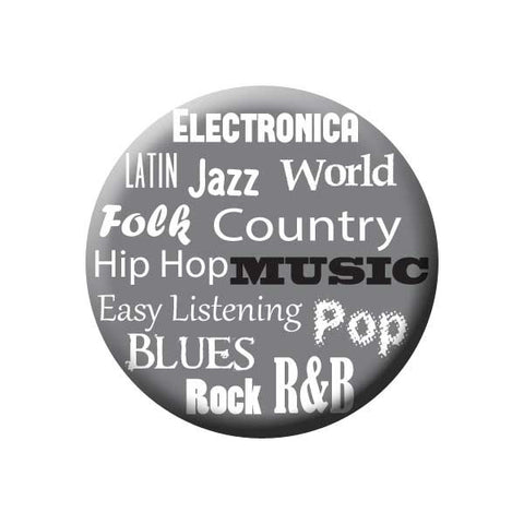 Music Genres, Electronica, Latin, Jazz, World, Hip Hop, Country, Easy Listening, Pop, Blues,  Rock, R&B, Grey, Music Record Store Buttons Collection from People Power Press