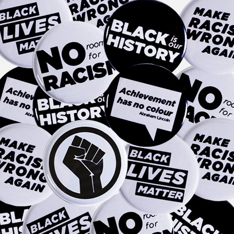 Collection of Anti Racism Pinbacks and Black Power Buttons Ready to Order from People Power Press