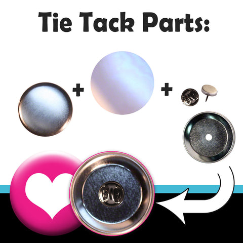 Complete sets of supplies for tie tack making with a button machine. Includes shell, mylar, center hole back and tack with clutch