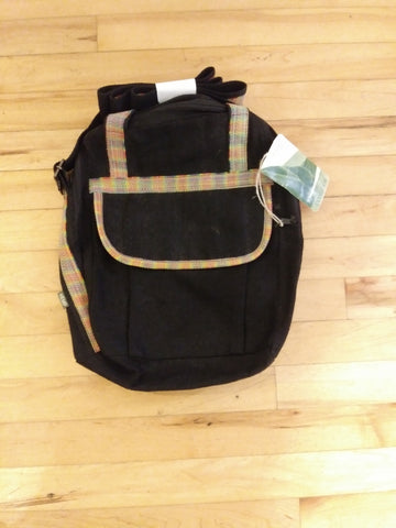 Black Messenger Bag with Plaid Piping Made From Hemp Fibre