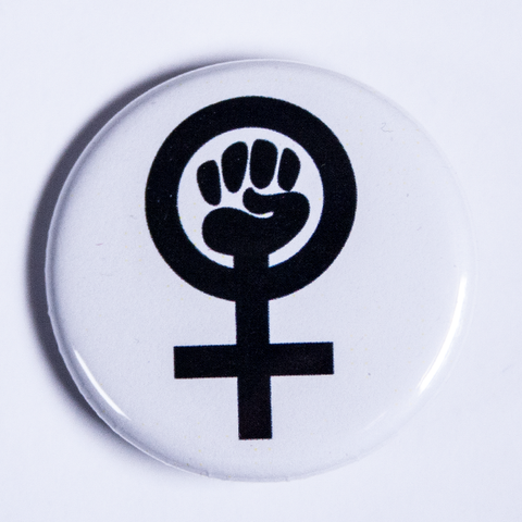 Feminist symbol button - venus symbol with clenched fist black and white