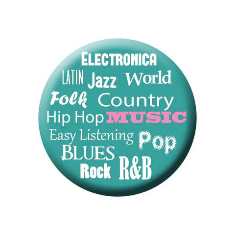 Music Genres, Electronica, Latin, Jazz, World, Hip Hop, Country, Easy Listening, Pop, Blues,  Rock, R&B, Teal, Music Record Store Buttons Collection from People Power Press