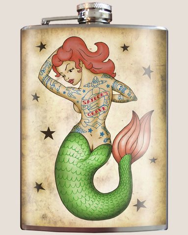 Tattooed Mermaid Mickey Flask